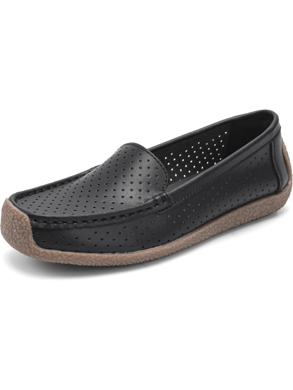 Women Black Comfortable Leather Mocs Boat Walking Slip-On Loafer Flat Shoes